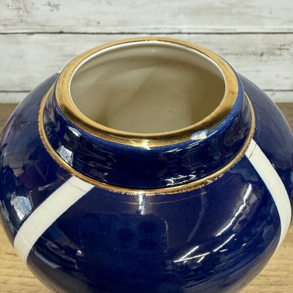 Vintage Cylinder Navy Vase With White and Gold Decoration McDonough Art Deco - Picture 4 of 10